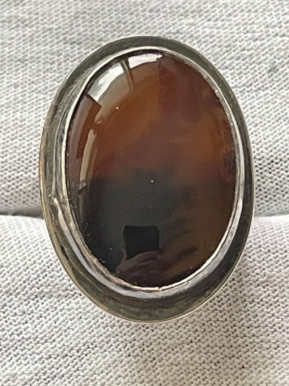 Vintage Modernist Heavy Sterling Silver 1.4" Brown Agate Saucer Ring Sz 10